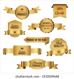 Golden Luxury Product Exclusive Product Best Quality Premium Quality Product of the Year Sales and Promotional Badges Flat Vector