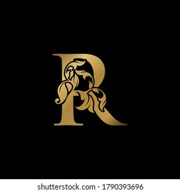 Golden Luxury R Letter Initial Logo Icon, Monogram Ornate Nature Floral Leaf Letter Logo Design.