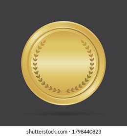 Golden luxury round frame. Vector illustration. Gold color badge sticker with laurel wreath. Sale label template for banners, medal, certificate.