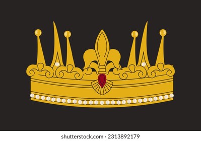 Goldenes luxuriöses königliches Kronkonzept. Diadem und Tiara. Altes Symbol für Macht und Macht. Königreich und Monarchie. Poster oder Banner. Cartoon-FlachVektorgrafik einzeln auf schwarzem Hintergrund