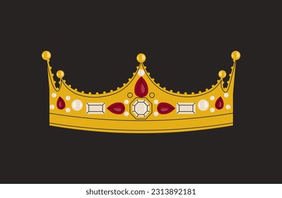 Goldenes luxuriöses königliches Kronkonzept. Königreich und Monarchie, königliche Familie. Schatz und Juwel. Tiara und Diadem. Aufkleber für soziale Medien. Cartoon-FlachVektorgrafik einzeln auf schwarzem Hintergrund