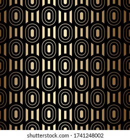 Golden luxury seamless pattern with ovals and stripes, black and gold colors in art deco style. Luxury decorative ornament. Vintage vector background, wallpaper. Golden geometric shapes, retro texture