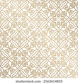 Golden luxury seamless vector pattern. Arabic Islamic Gold Geometric line floral or linear flower tile pattern for Wedding invitation card. Art deco texture  lattice luxurious background