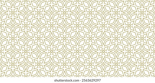 Golden luxury seamless vector pattern. Arabic Islamic Gold Geometric thin line star shape tile pattern for Wedding invitation card.  Art deco texture  lattice background banner