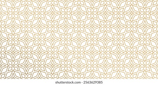 Golden luxury seamless vector pattern. Arabic Islamic Gold shiny Geometric thin line star tile pattern for Wedding invitation card.  Art deco texture  lattice background banner