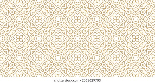 Golden luxury seamless vector pattern. Arabic Islamic Gold Geometric thin line floral or linear flower round tile pattern for Wedding invitation card. Art deco texture lattice background banner