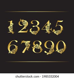 Golden Luxury Set Number Icon Template. Vector design ornate with boroque  elegant decorative style.