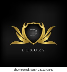 Golden Luxury Shield  D Letter  Logo Icon Vector Design.