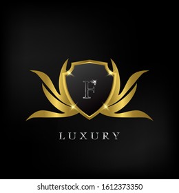 Golden Luxury Shield  F Letter  Logo Icon Vector Design.