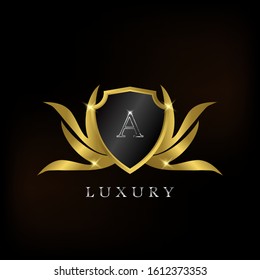 Golden Luxury Shield  A Letter  Logo Icon Vector Design.