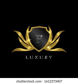 Golden Luxury Shield  P Letter  Logo Icon Vector Design.