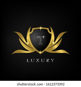 Golden Luxury Shield  T Letter  Logo Icon Vector Design.