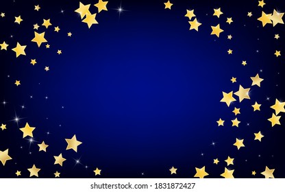 Golden Luxury Stars Vector Blue Background. Digital Shine Banner. Rain Wallpaper. Yellow Festive Glow Texture.