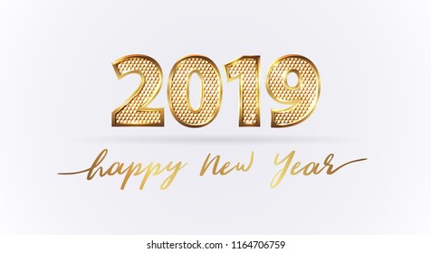 Golden luxury text 2019 Happy new year. Gold Festive Numbers Design with diamonds texture. Gold shining. Happy New Year Banner with 2019 Numbers for greeting card, calendar 2019. Vector illustration.