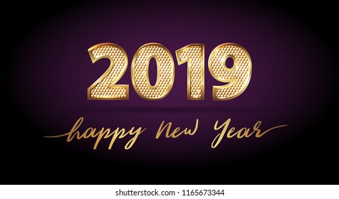 Golden luxury text 2019 Happy new year. Gold Festive Numbers Design with diamonds texture. Gold shining. Happy New Year Banner with 2019 Numbers for greeting card, calendar 2019. Vector illustration.