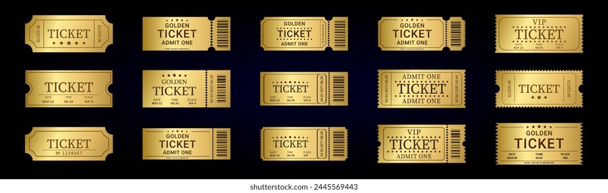 Golden luxury ticket set. Admission VIP pass or coupon isolated on black background.