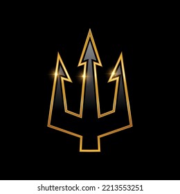 Golden Luxury Trident Logo Vector Sign Illustration in black background with gold shine effect