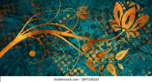 Golden luxury and turquoise grunge floral abstract background. Vector design