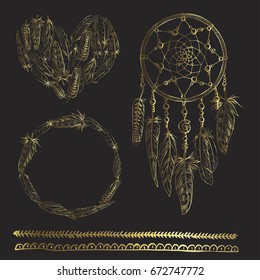 Golden luxury vector set of boho elements. Vector illustration with Dreamcatcher, feathers, arrow and ribbon. Ornamental bird feathers isolated. Astrology, spirituality, magic symbol. Ethnic tribal