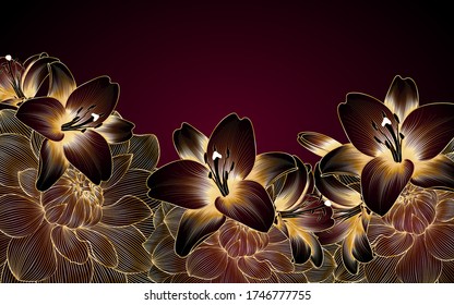 Golden  luxury vintage background with golden dahlia and lily flowers.