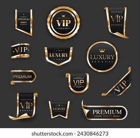 Golden luxury VIP labels and banners. Vector corner ribbons, tags and premium quality stickers. Gold award medal, exclusive product certificate stamp or seal with elegant frame, stars, crown, laurel