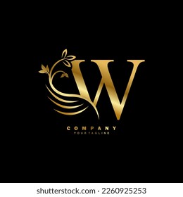 golden luxury W letter logo with beautiful floral and feather ornament. feather logo. W typography, W monogram. Suitable for business logos, brands, companies, boutiques, beauty logos, etc