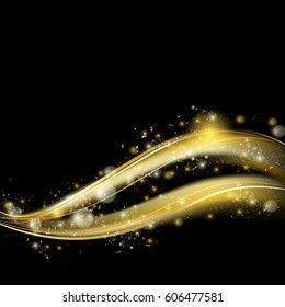 Golden luxury wave layout backdrop.Sparkling confetti,blur wave stardust trail.Cosmic glittering magic fairy dust.For web site,poster,placard and wallpaper.Template brochure design concept
