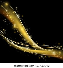 Golden luxury wave layout backdrop.Sparkling confetti,blur wave stardust trail.Cosmic glittering magic fairy dust.For web site,poster,placard and wallpaper.Template brochure design concept