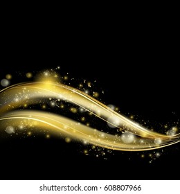 Golden luxury wave layout backdrop.Sparkling confetti,blur wave stardust trail.Cosmic glittering magic fairy dust.For web site,poster,placard and wallpaper.Template brochure design concept