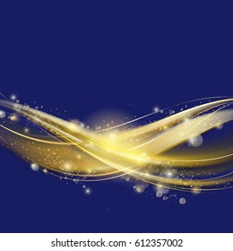 Golden luxury wave layout backdrop.Sparkling confetti,blur wave stardust trail.Cosmic glittering magic fairy dust.For web site,poster,placard and wallpaper.Template brochure design concept