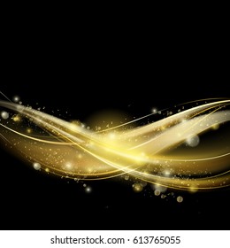 Golden luxury wave layout backdrop.Sparkling confetti,blur wave stardust trail.Cosmic glittering magic fairy dust.For web site,poster,placard and wallpaper.Template brochure design concept