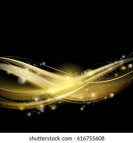 Golden luxury wave layout isolated on backdrop.Sparkling confetti,blur wave stardust trail.Cosmic glittering magic fairy dust.For web site,poster,placard and wallpaper.Template brochure design concept