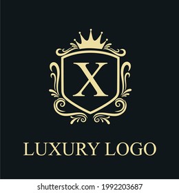 Golden Luxury X Initial Letter Logo Design Template with Shield and Floral Vintage Ornament for Royalty, Wedding, Restaurant, Salon, Boutique, Cafe, Hotel, Heraldic, Jewelry, Fashion Business Brand