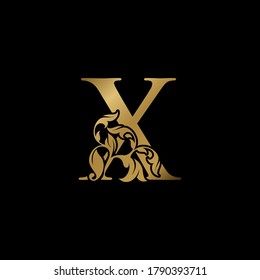 Golden Luxury X Letter Initial Logo Icon, Monogram Ornate Nature Floral Leaf Letter Logo Design.