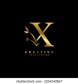 golden luxury X logo design with beautiful floral and leaf ornament decoration. initial X letter logo. monogram X typography. feather logo