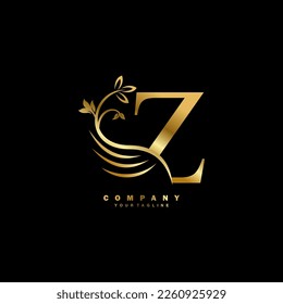 golden luxury Z letter logo with beautiful floral and feather ornament. feather logo. Z typography, Z monogram. Suitable for business logos, brands, companies, boutiques, beauty logos, etc