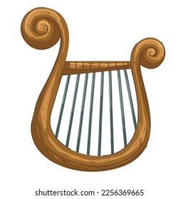 Golden lyra or harm, isolated string instrument, traditional greek acoustic sound. Classic melodies and ancient chords. Antique or vintage exponent, performance of symphony. Vector in flat style