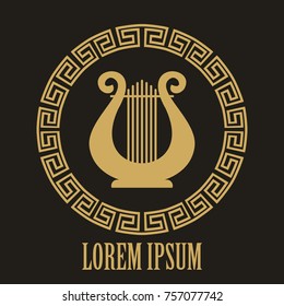 Golden lyre / music theme icon.Harp logo.Lira musical instrument