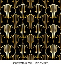 Golden lyre seamless pattern. Gold pattern on black. Abstract geometric retro background in the style of the 20s.