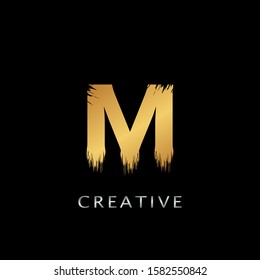 Golden  M  Brush Stroke  Logo design. Golden Paint Logo Letter Icon with Elegant  brush shape Vector Design concept.