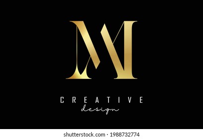 Golden AM a m letter logo concept with serif font and elegant style. Vector illustration icon with letters A and M.