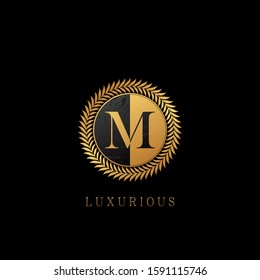 Golden M letter Logo Luxurious Nature Leaves, elegant vector design concept circle floral leaves with letter logo.