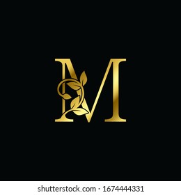 Golden M Letter  Minimalist Luxury Initial Nature Tropical Leaf logo Icon  vector design.