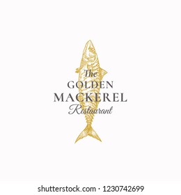 The Golden Mackerel Restaurant Abstract Vector Sign, Symbol or Logo Template. Elegant Mackerel Fish Drawing Sketch with Classy Retro Typography. Vintage Luxury Emblem. Isolated.