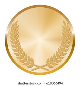 Golden madal with laurel wreath on white background.