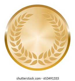 Golden madal with laurel wreath on white background.