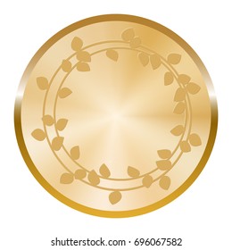 Golden madal with laurel wreath on white background.