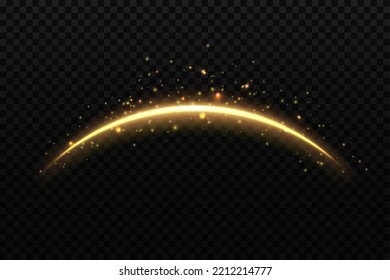 Golden magic arch with sparkles. Firework flash, energy flare arch realistic backdrop, golden magic light ray vector trace. Star shine wave or line realistic background with glowing sparkle, particles