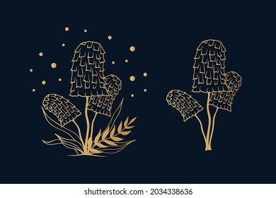 Golden magic celestial mushrooms. Set with floral fungi, gold fungus with leaves.