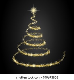 Golden magic Christmas tree on black background. Vector.	